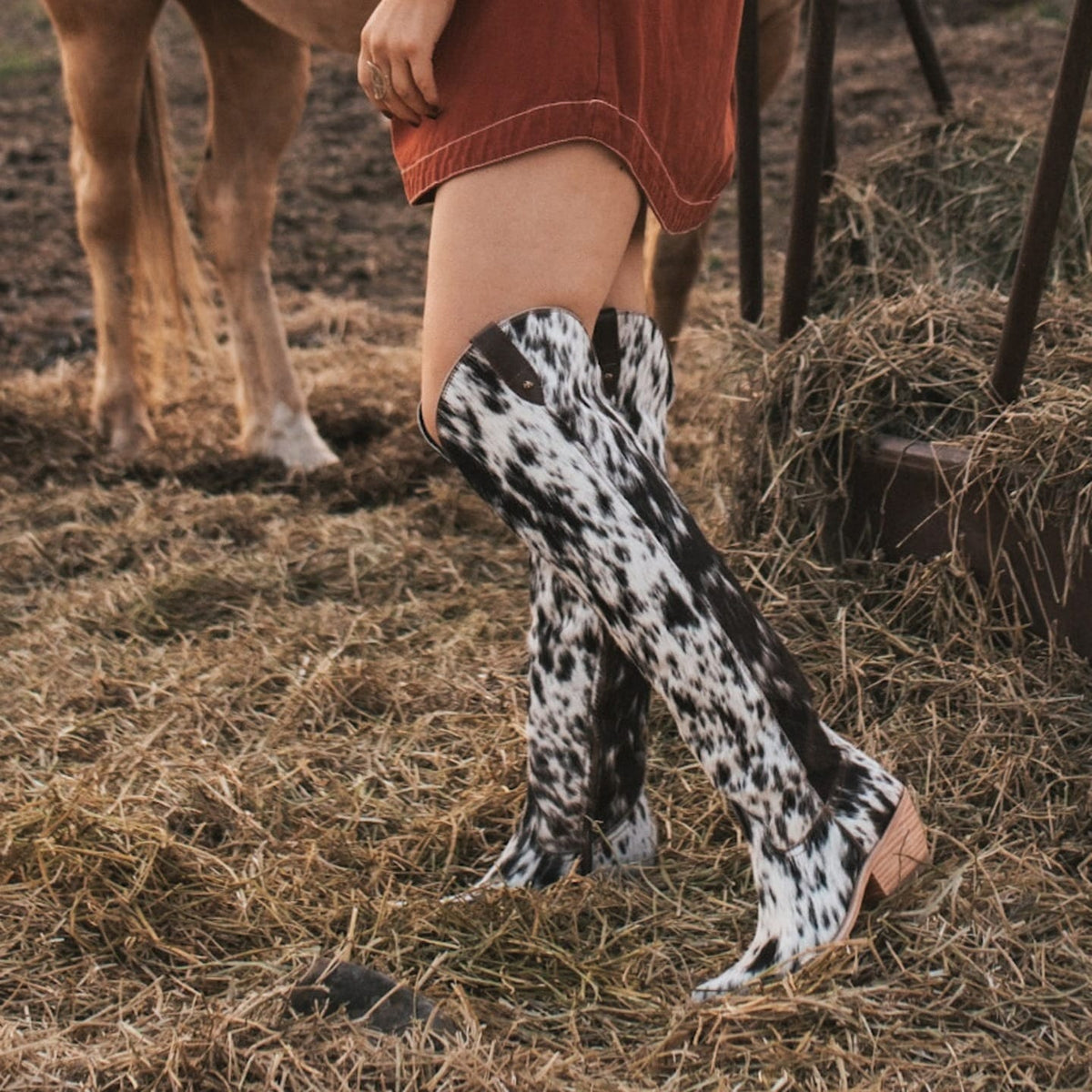 Black & White Cow Print Tall Women's Western Boots-60062
