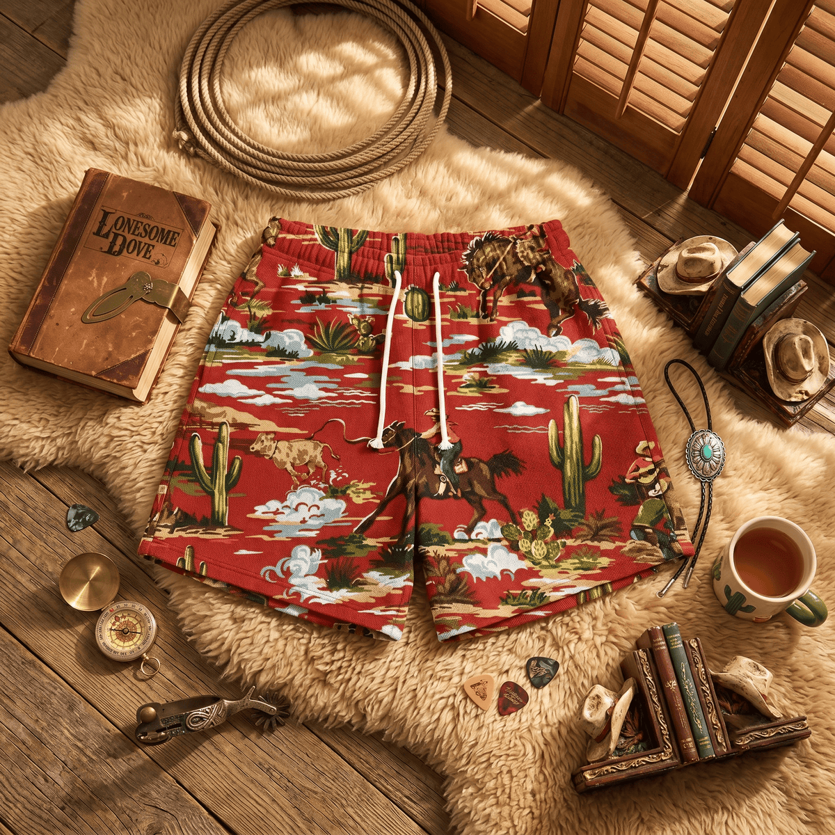 RED COWBOY TAPESTRY SHORTS