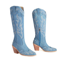 Women’s Denim Embroidered Knee-High Western Cowboy Boots-60031